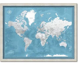 Framed World Map with Pins – Multi Color Palette (Map Color: Glacier, Map Size: 32 x 24 inches)