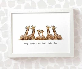Giraffe family portrait print with any names, Christmas gifts for mum or dad, personalised grandparent gifts, mother in law gift