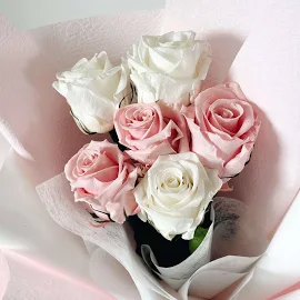 6 Long Stemmed Everlasting Rose Bouquet - White and Pink