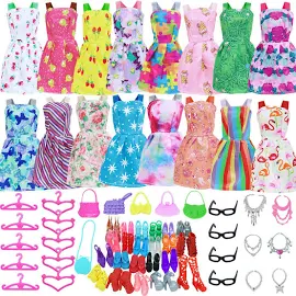 BJDBUS 42 Pcs Doll Clothes and Accessories Including 10 Pcs Fashion Mini Dresses 32 Pcs Shoes, Glasses, Necklaces, Handbag, Hangers Accessories for