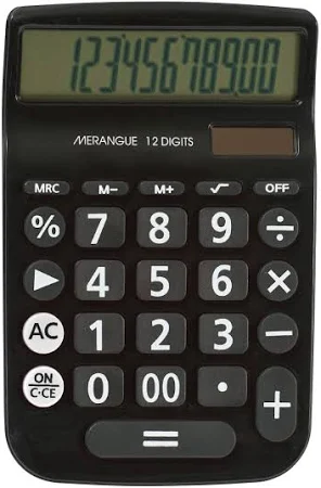 Merangue 12 Digit Standard Function Calculator, Dual Power, Black (1080-6061-20-000), Small