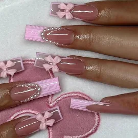 24pcs Pink Bow Design False Nails Long Ballet Press On Nails with Pearl Wearable Coffin Fake Nails French Square Finger Nail 93-16