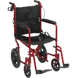 Drive Medical Lightweight Expedition Transport Wheelchair with Hand Brakes, Red/Black