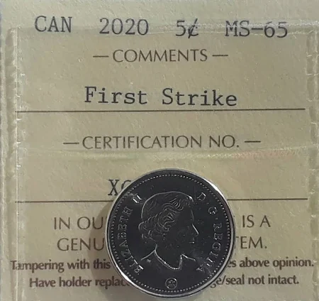 2020 Canada 5 Cent First Strike Iccs Certified Ms-65