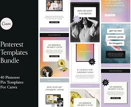 40 Pinterest Templates for Canva, Pin Template, Canva Template, Blogger Templates, For Canva, Vintage Retro Gradient Aesthetic, Travel Pins