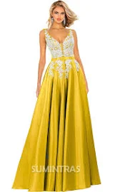 dramatic white lace applique plunging v neck a line satin ball gown prom dress Marigold