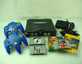 Nintendo N64 Bundle Console 2x Blue Controllers Cords Games -tested