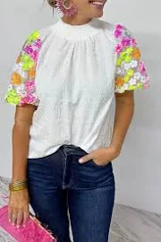 Dropship Clothes White Smocked Collar Sequin Flower Puff Sleeve Textured Top White / S / 100%Polyester