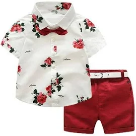 Canis Kids Toddle Boys Clothes Set Gentleman Short Sleeve Shirt Tops Shorts Pants Summer Formal Suit Bowtie Outfits Wedding Floral Print Beach 2pcs,