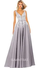 dramatic white lace applique plunging v neck a line satin ball gown prom dress Dusk