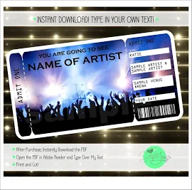 Printable Concert Surprise Ticket Template, Digital PDF File - You Fill and Print
