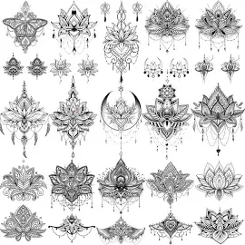 EGMBGM 15 Sheets Sexy Black Henna Mehndi Lotus Temporary Tattoos for Women Fake Jewelry Lace Moon Moth Flowers Pendant Temp Tattoos Temporary Sticker