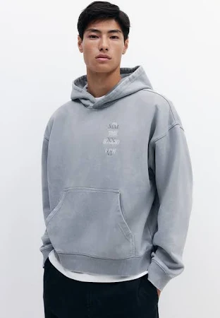 Men h&m Light gray Oversized Washed Hoodie