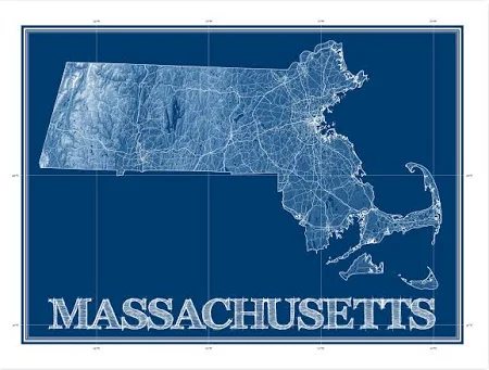 Massachusetts Map Wall Art Print Poster MA State Maps for Home Decor