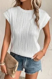 Wavy Texture Cap Sleeve Top White / S / 90%Polyester+10%Elastane