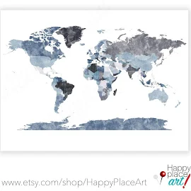 Textured World Map Poster Denim Blue and Greys. Gray World map poster. Printable world map, Grey Wall art, Large World map, traveller gift