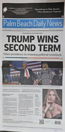 DONALD TRUMP Palm Beach Daily News November 7 2024 "Trump wins second term" Trump's Hometown Newspaper plus Authentic I voted stickers .