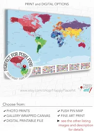 Detailed World map with city labels, Map with flags, World map print, Country Flags, Educational world map, Travel map, world map push pin