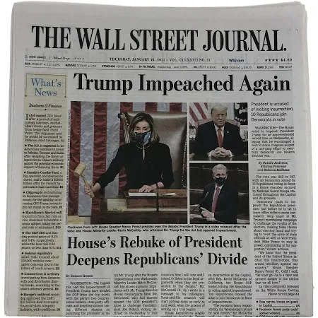 Donald Trump Impeached Again Wall Street Journal Newspaper Wsj January