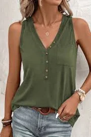 Dropship Clothes Jungle Green Half Button V Neck Patched Pocket Tank Top Jungle Green / M / 65%Polyester+30%Cotton+5%Elastane