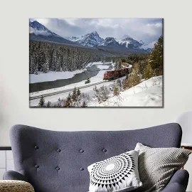 Rocky Mountains Trains At Winter Wall Art Canvas Print - By ElephantStock