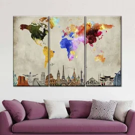 Living Room Wall Art | Canvas Print | Vibrant World Map I | 3 Piece