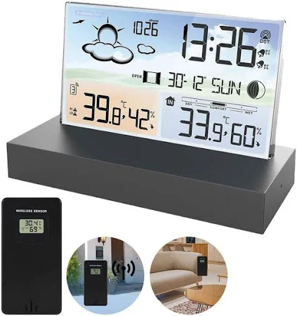 OKWISH Kabellose Wetterstation, Haus-Wettervorhersage mit Farbdisplay,Außensensor,Thermo-Hygrometer,Datums- und Mondphasenanzeige,Radiowecker-Funk...