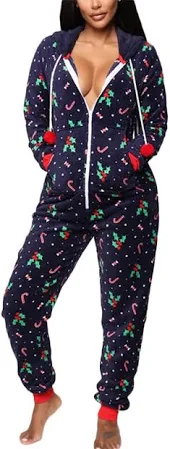 Minetom Damen Jumpsuit Kuschelig Einteiler Schlafanzug Drucken Pyjama Mit Kapuze Overall Weihnachten Schlafanzug Lang Weihnachtspyjama Hausanzug