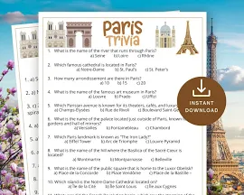 Paris Trivia Spiel, druckbare Paris Spiele für Kinder und Erwachsene, französische Geburtstagsidee, Büropartyspaß, französisches Essen-Babyparty, Dinn