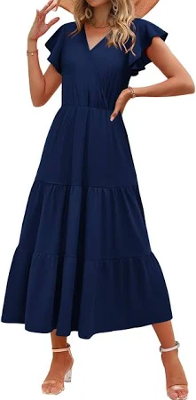Zeagoo Sommerkleid Damen Lang V Ausschnitt Maxikleid Elegant Rüschenärmel Midikleider Casual A Linie Tunika Kleider Freizeitkleid S-XXL