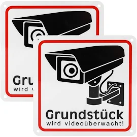 PZJFH 2er-Pack Videoüberwachungsschilder, 15 x 15 cm große Aluminium-Warnung, Sicherheitsbereich, Objekt-Videoüberwachungs-Metallschilder für den