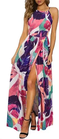 KILIG Damen Sommerkleid Lang Elegant Sommer Neckholder Kleid Hochzeitsgast Maxikleid Partykleid Schlitz Freizeitkleid