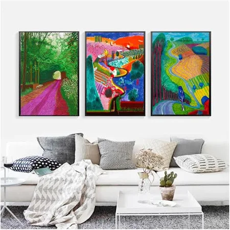Bild Leinwand 50x70cm 3 Stück KEIN Rahmen David Hockney Landschaft Bunte Poster Ankunft des Frühlings Kunst Leinwand Malerei Wandbild für Wohnzimmer