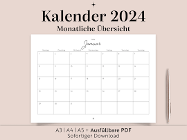 Kalender 2024 | A3 A4 A5 Ausfüllbare PDF | Zum ausdrucken | Deutsch | Druckbarer Wandkalender | Familien Kalender | Planung | Organisation