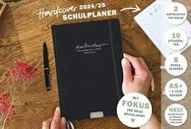 Eine der Guten Lehrerkalender 2024 2025, A5+ Lehrerplaner, 4 Seiten Pro Woche, Hochwertiger Hardcover Schulplaner Schwarz für Schuljahr 24/25, 17x24