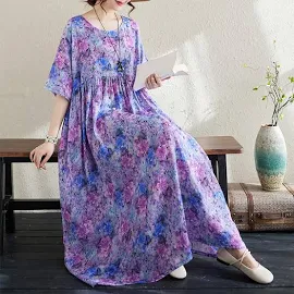 Dimanaf 2024 Plus Größe Sommer Neue Lange Kleid Strand Frauen Oansatz Blumendruck Ferien Mode lässig Lose Dame Kleider 650