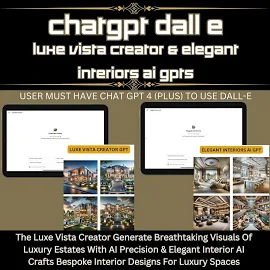 ChatGPT Dall-E3 | LuxeVista Designer & Elegant Interior AI GPT Bundle - Erstellen Sie atemberaubende Häuser und Innenkunst Designs | PDF|