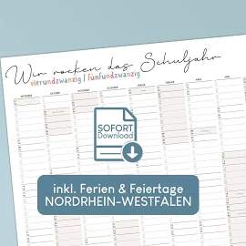 Schuljahreskalender Nordrhein-Westfalen 2024/2025 - Markierung Ferien & Feiertage - sofort ausdrucken in Din A3, Din A2, Din A1 oder Din A0