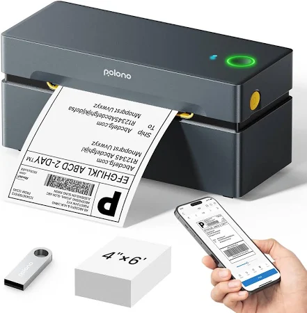 POLONO DHL Etikettendrucker Bluetooth, 4x6 Thermodrucker Versandetiketten Drucker, Ettikettendrucķer Label Printer Kompatibel mit Amazon, Ebay,