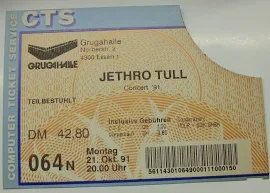 Jethro Tull Concert 21-10-91 Essen Grugahalle Ticket Konzertkarte Eintrittskarte Black | Ebay
