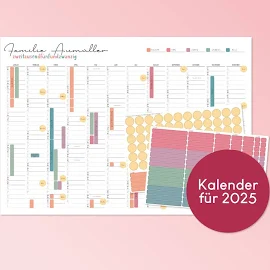 Jahreskalender 2025 personalisiert mit bunten Stickern - Markierung von Ferien & Feiertagen - DinA2 Poster Querformat