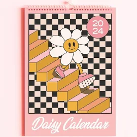 2024 Rosa karierter Daisy Kalender, 12 Monate Hängekalender, Bunte Drucke, Tagesplaner, A4 Kalender, Datumsorganisator, Geschenke für Sie