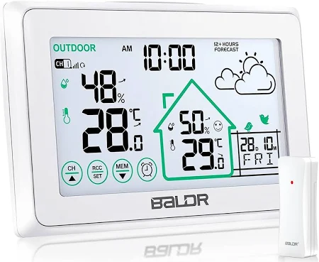 BALDR Wetterstation Funk mit Außensensor, Digital DCF-Funkuhr Innen und Außen Thermometer Hygrometer mit Wettervorhersage, Funkthermometer mit