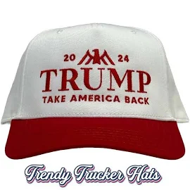 Trump 2024 Take America Back, Weiß / Roter Trucker-Hut, Gestickter Hut, Trendiger Fernlastfahrer-Hut, Amerikanischer Hut