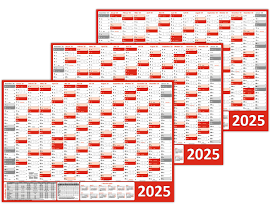 LYSCO 3 Stück Wandkalender DIN A0 2025 Rot gerollt Wandplaner Ferien Feiertage