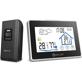 DIGOO DG-TH8380 Station météo tactile Sans fil intérieur extérieur prévision Capteur thermomètre hygromètre mètre Calendrier Rétro-éclairage-noir B...