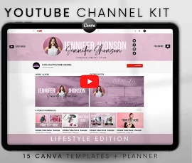 Kit Chaîne Youtube Rose | Bannière Youtube, Intro, Outro, Superposition vidéo, Vignettes | Kit de marque Youtube Modèles Canva modifiables