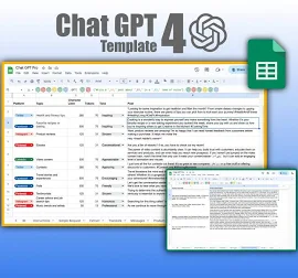 Modèle de feuille de calcul Google Sheets pour Chat GPT 4 avec ChatGPT intégré par OpenAI | Traduction | Publications sur les réseaux sociaux | Descri