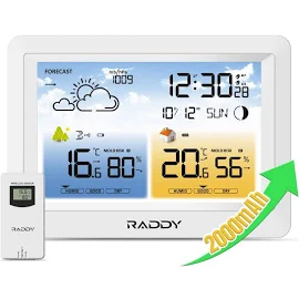 Station météo sans fil Raddy WM6 avec capteur à distance, batterie intégrée de 2000 mAh, baromètre, horloge DCF, prévisions météorologiques, alerte