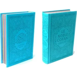 Le Noble Coran avec pages en couleur Arc en ciel (Rainbow) Bilingue (français/arabe) Couverture Cuir de couleur Bleu clair